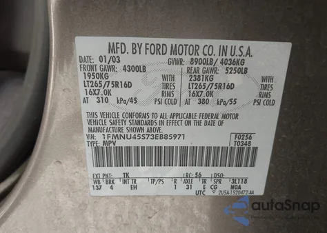 2003 Ford Excursion Eddie Bauer из США, поврежденный, VIN 1FMNU45S73EB85971